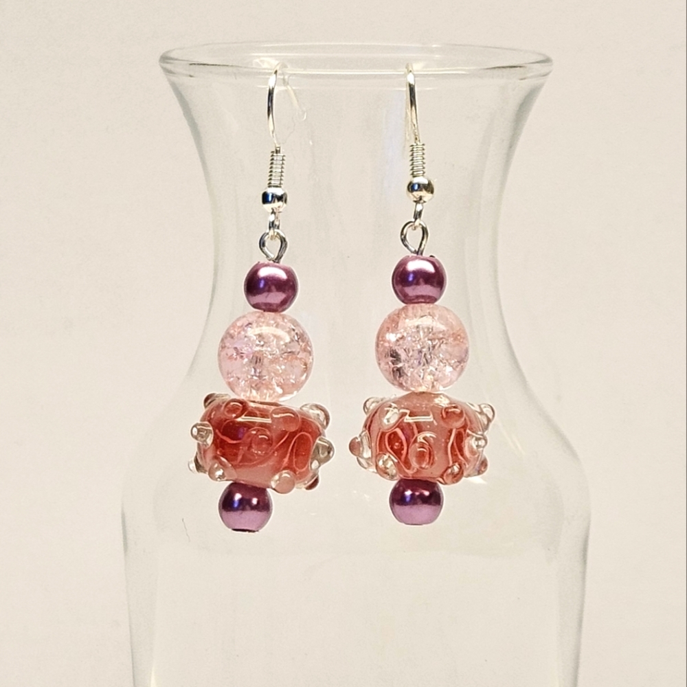 Pink Glass Lampwork Beaded Earrings